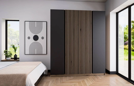 Szafa Kastano XIII 200 cm dąb evoke / czarny stylowy design uchwyty krawędziowe drzwi szafy ozdobione lamelami w kolorze dąb evoke