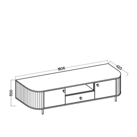 Szafka RTV Ovalio 181 cm dąb cremona nietuzinkowa szafka pod telewizor do salonu metalowe dodatki dekoracyjne frezowania