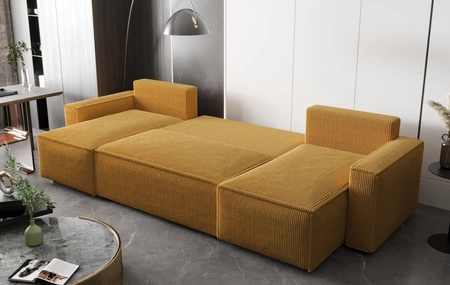 Narożnik z funkcją spania Nelo U miodowy komfortowy i nowoczesny narożnik z pojemnikiem na pościel sztruksowa prążkowana tkanina