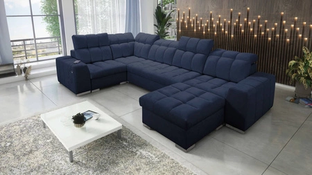 Narożnik z funkcją spania Luigi IV granatowy prawostronny elegancki narożnik do salonu wykonany z miękkiej tkaniny typu velvet