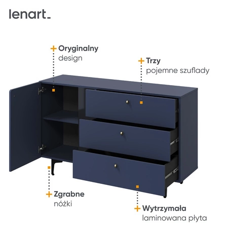Komoda z szufladami Colours 138 cm granatowa elegancka komoda wsparta na metalowej podstawie oryginalna oraz modna kolorystyka