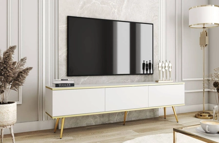 Szafka RTV Luxury 175 cm biała elegancki design korpus zwieńczony złotą listwą szafka wsparta na złotych metalowych nogach