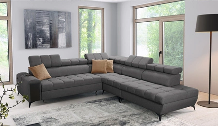 Narożnik z funkcją spania Bolmso IX grafitowy prawostronny komfortowy narożnik do salonu z szufladą pojemniki na pościel stylowy design