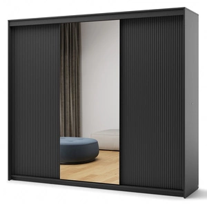 Szafa przesuwna z lustrem Trend 250 cm czarna wyjątkowy design pojemna szafa do sypialni z oświetleniem LED stylowe ryflowane fronty