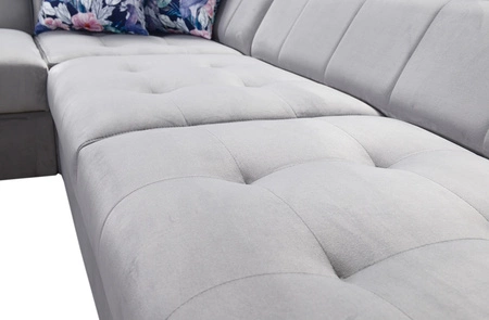 Narożnik z funkcją spania Hampton VII kwarcowy róż lewostronny narożnik do pokoju wykonany z aksamitnej tkaniny o gładkiej powierzchni