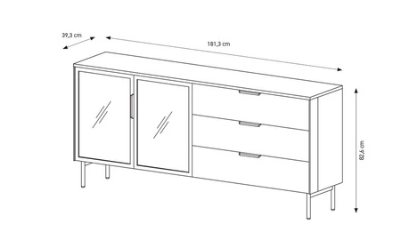 Komoda z szufladami Lumi 181 cm dąb dunin stylowa komoda z designerskimi przeszklonymi frontami metalowa podstawa i uchwyty krawędziowe