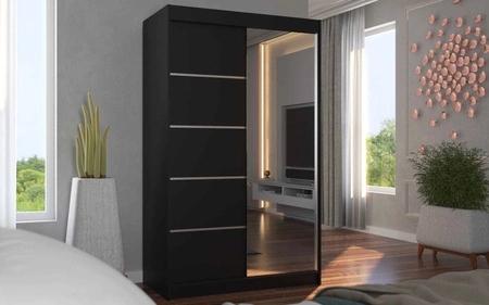 Szafa przesuwna z lustrem Nicea 120 cm czarna pojemna szafa do sypialni z ozdobnymi listwami ergonomiczny układ wnętrza