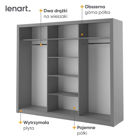 Szafa przesuwna z lustrem Arti 250 cm szara pojemna szafa do sypialni przedpokoju lub garderoby drzwi szafy wykończone dużymi lustrami