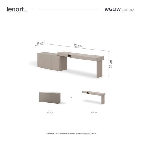 Biurko z komodą Woow 301 cm clay grey prawe funkcjonalne biurko młodzieżowe z możliwością obustronnego oraz narożnego montażu