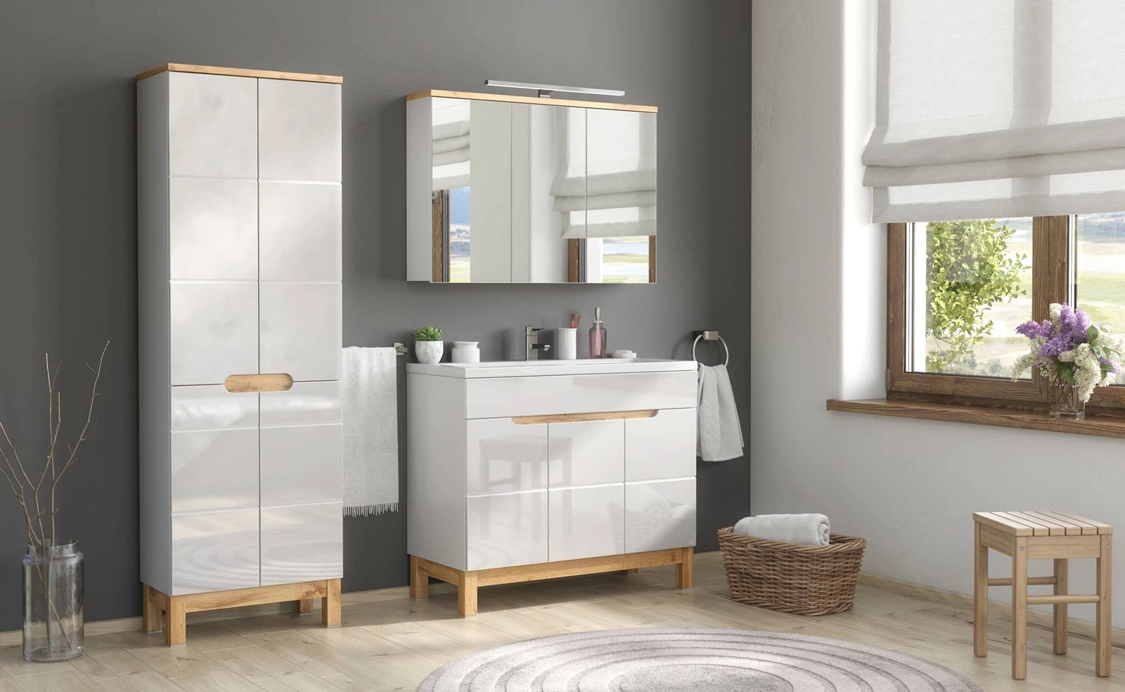 Zestaw mebli łazienkowych Bali w kolorze biały / dąb wotan Szafki łazienkowe Bali