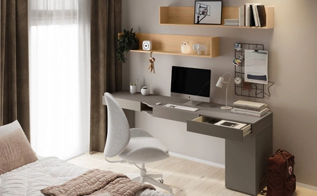 Biurko z kontenerkiem Woow 211 cm clay grey prawe funkcjonalne biurko młodzieżowe z możliwością obustronnego montażu