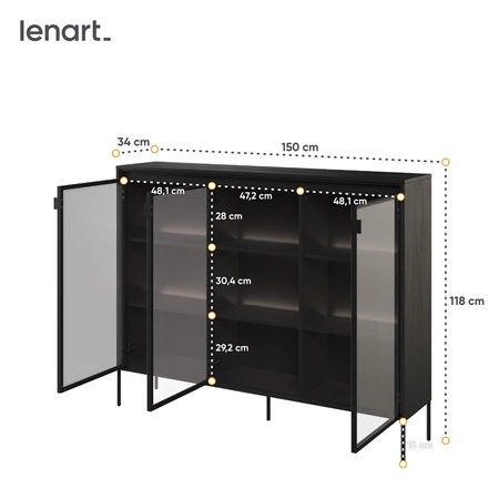 Komoda Trend 150 cm czarna designerski przeszklony front klimatyczne oświetlenie w postaci paska led pod górnym blatem