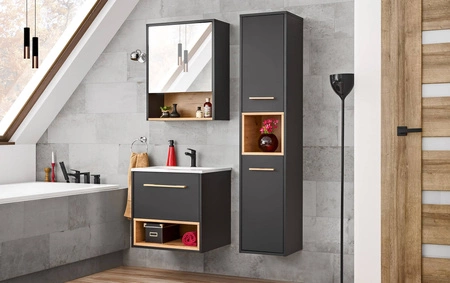 Szafka łazienkowa wisząca z lustrem Borneo 60 cm szary / dąb artisan elegancka szafka nad umywalkę idealnie dopełni aranżację łazienki