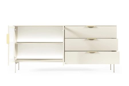 Komoda z szufladami Lumi 181 cm beżowa stylowa komoda z designerskimi przeszklonymi frontami metalowa podstawa i uchwyty krawędziowe