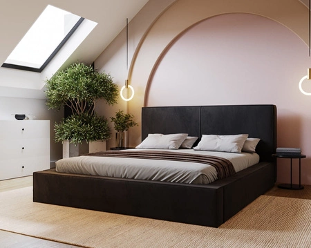 Łóżko tapicerowane Belli 180x200 czarne stylowe łóżko z pojemnikiem na pościel wygodny zagłówek zachwyca eleganckim designem