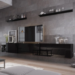Meblościanka Sparta czarny połysk modernistyczny design pozwala zaaranżować kącik multimedialny w nowoczesnym stylu