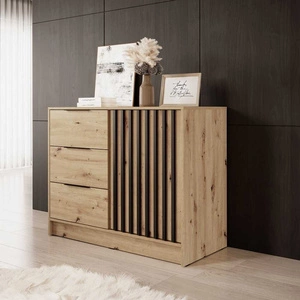 Komoda z szufladami Aspen 105 cm dąb artisan / czarne lamele nowoczesny design mebla drzwi komody ozdobione lamelami