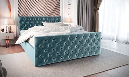 Łóżko tapicerowane Viamao 140x200 turkusowe z pojemnikiem w nowoczesnym skandynawskim stylu z pikowanym wezgłowiem oraz zanóżkiem