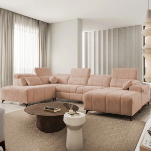 Narożnik z funkcją spania Penejos VI łososiowy prawostronny stylowy narożnik rozkładany z dwoma pojemnikami na pościel trwała tkanina