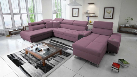 Narożnik z funkcją spania Dafni V wrzosowy prawostronny velvet wygodny i komfortowy narożnik z regulowanymi zagłówkami