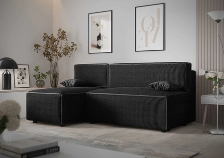 Narożnik z funkcją spania Brandon czarny lewostronny trójwymiarowa tkanina o wyrazistych prążkach pojemnik na pościel