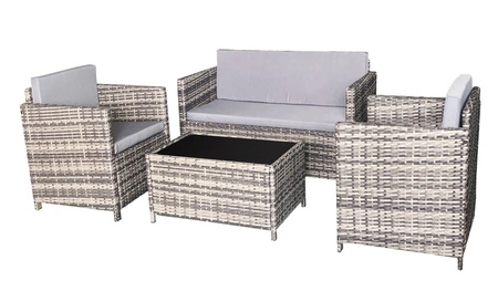 Zestaw mebli ogrodowych Calmo szary beżowy stylowy zestaw z sofą i fotelami idealne meble na taras stolik wykończony szklanym blatem