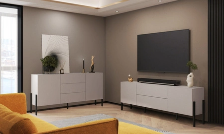 Szafka RTV Jukon 204 cm beżowa elegancka forma szafki z szufladami w nowoczesnym stylu system otwierania push to open metalowe czarne nogi