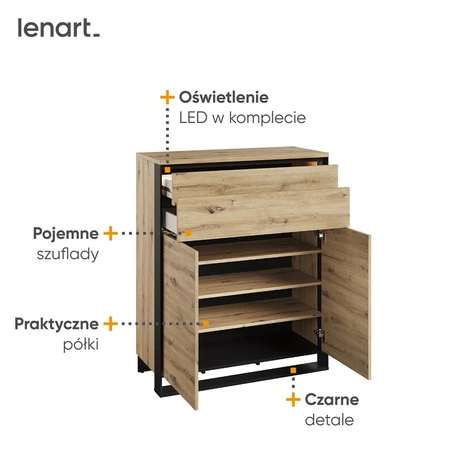 Komoda z szufladami Quant 92 cm dąb artisan / czarny nowoczesna komoda w stylu loftowym z oświetleniem LED idealna do przedpokoju