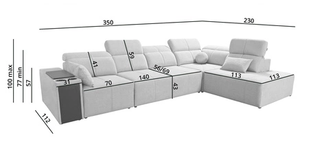 Narożnik z funkcją spania Tesalia XI szary popiel prawostronny nowoczesny narożnik z komfortowym przesuwanym oparciem i pojemną szufladą