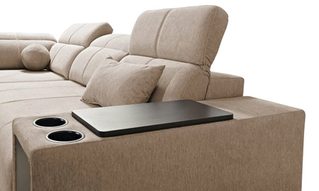 Narożnik z funkcją spania Tesalia XI szary lewostronny nowoczesny narożnik z komfortowym przesuwanym oparciem i pojemną szufladą