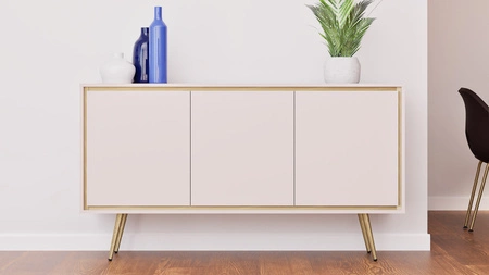 Komoda Nevea 150 cm beżowa elegancka komoda do salonu o subtelnej i ciekawej stylistyce system otwierania drzwi push to open