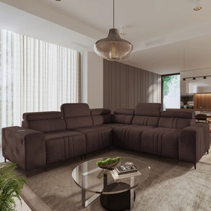 Narożnik z funkcją spania Castel III brązowy lewostronny narożnik z dwoma pojemnikami na pościel regulowane zagłówki