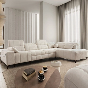 Narożnik z funkcją spania Penejos XI kremowy prawostronny wygodny narożnik z regulowanymi zagłówkami i dwoma pojemnikami na pościel