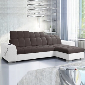 Narożnik z funkcją spania Luigi brązowy / biały prawostronny narożnik z dwoma pojemnikami na pościel tkanina o ciekawej strukturze