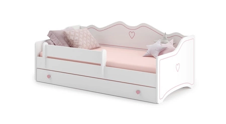 Łóżko Emily 80x160 cm białe dziecięce łóżko z materacem i barierką ochronną różowe uchwyty w kształcie serca ozdobny nadruk