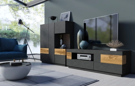 Komoda wysoka Silke 130 cm matera / dąb wotan minimalistyczny design komoda z przeszkleniem idealna do salonu i jadalni