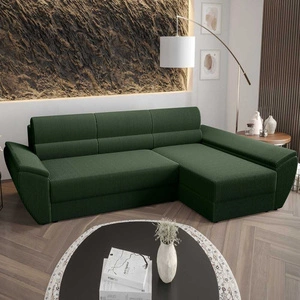 Narożnik z funkcją spania Fogu III zielony prawostronny stylowy narożnik z podłokietnikami i pojemnikiem na pościel sztruksowa tkanina