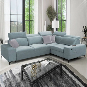 Narożnik z funkcją spania Kelly Sleek II arktyczny błękit prawostronny elegancki narożnik do salonu wykonany z plecionej tkaniny