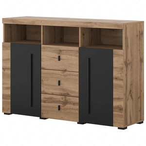 Komoda z szufladami Roger 133 cm dąb wotan / czarny gustowna stylistyka komody wzbogacona o stylowe czarne dodatki idealna do salonu sypialni