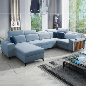 Narożnik z funkcją spania Kelly IV błękitny lewostronny velvet komfortowy narożnik regulowane zagłówki bok wykończony lamelami