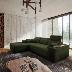 Narożnik z funkcją spania Tesalia zielony lewostronny nowoczesny design komfortowe przesuwane oparcie szuflada w boczku mebla