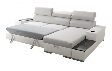 Narożnik z funkcją spania Provo siwy / biały prawostronny narożnik z pojemnikiem na pościel i funkcjonalną dostawką