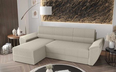 Narożnik z funkcją spania Fogu II kość słoniowa lewostronny stylowy narożnik z komfortowymi podłokietnikami i pojemnikiem na pościel