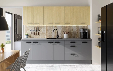 Zestaw mebli kuchennych Chevron / Verdi 260 cm szafki kuchenne z subtelnym wzorem jodełki na frontach czarne metalowe uchwyty