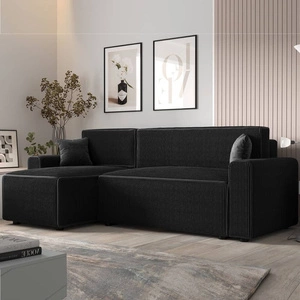 Narożnik z funkcją spania Brandon Bis czarny lewostronny trójwymiarowa tkanina o wyrazistych prążkach pojemnik na pościel