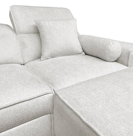 Narożnik z funkcją spania Viano szary błękit prawostronny stylowy narożnik o ciekawym kształcie regulowane zagłówki ozdobne poduszki