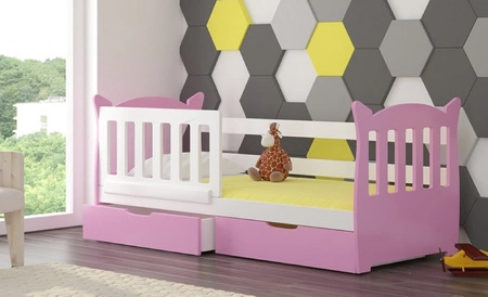 Łóżko Lena 75x160 cm różowy / biały komfortowe łóżko z materacem do pokoju dziecięcego wyposażone w barierkę ochronną i szuflady