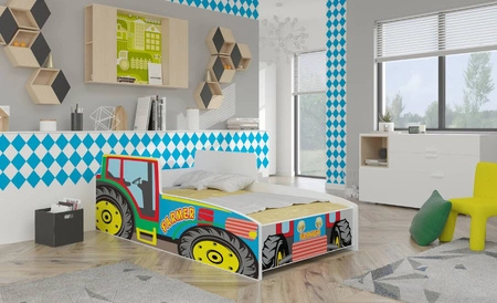 Łóżko Farmer 80x160 cm designerskie łóżko z materacem w kształcie traktora z ozdobnym nadrukiem wykonane z solidnych materiałów
