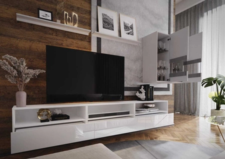 Meblościanka Kiria biała / biały połysk uniwersalna i stylowa meblościanka do salonu system otwierania drzwi i szuflad push to open