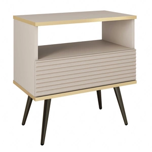Szafka nocna z szufladą Luxury beżowa elegancki design korpus zwieńczony złotą listwą szafka z ryflowanym frontem czarne wysokie nogi